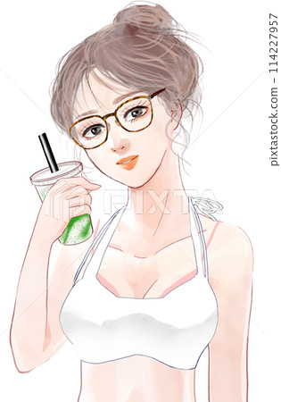 插圖描繪了一位擁有理想模特兒身材的美麗女性,她限製糖分的飲食,搭配冰沙 插圖描繪了一位擁有理想模特兒身材的美麗女性,她限製糖分的飲食,搭配冰沙 114227957