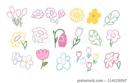 Hand drawn different types of flowers in crayon for floral print, spring, summer, picnic, nature, garden, plants, tree, shirt print, women, fashion, accessory, sticker, tattoo, decorations, logo, icon Hand drawn different types of flowers in crayon for floral print, spring, summer, picnic, nature, garden, plants, tree, shirt print, women, fashion, accessory, sticker, tattoo, decorations, logo, icon 114228097