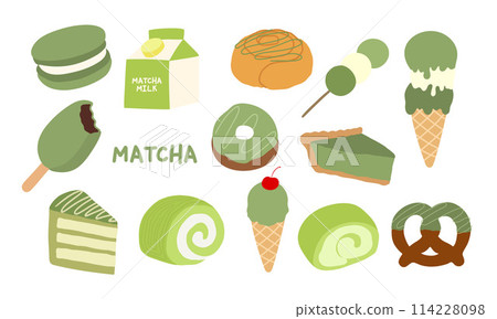 Hand drawn sweet desserts made from matcha such as macaron, milk box, ice cream, cake, pretzel, cinnamon roll, donut, yam roll for cafe, restaurant, sweet dessert, menu, recipe, baking, snack, food Hand drawn sweet desserts made from matcha such as macaron, milk box, ice cream, cake, pretzel, cinnamon roll, donut, yam roll for cafe, restaurant, sweet dessert, menu, recipe, baking, snack, food 114228098