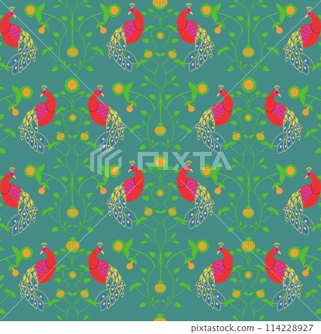 peacocks captured in vibrant red and pink hues with exquisite fabric patterns. Each design celebrates the splendor of nature, fabric the striking colors of these magnificent birds. Perfect  fabric  114228927