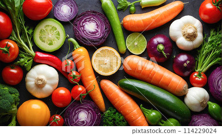 Food background with assortment of fresh organic vegetables and fruits 114229024
