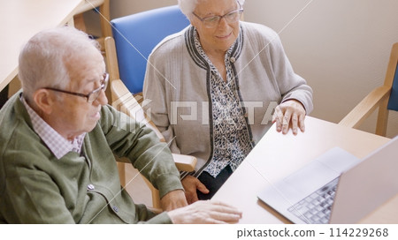 Grandparents using laptop during a video call Grandparents using laptop during a video call 114229268