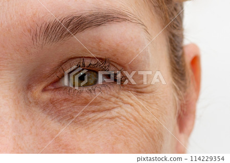 Close up cropped eye with wrinkles of middle aged caucasian woman looking at camera 114229354