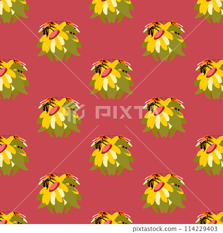 Seamless pattern bee flower Red background wild flowers postcard poster banner Spring summer Fabric clothes wrapping wallpaper template Textile Seamless pattern bee flower Red background wild flowers postcard poster banner Spring summer Fabric clothes wrapping wallpaper template Textile 114229403