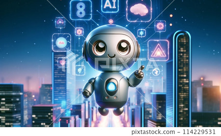 可愛的機器人和虛擬空間中的許多圖標 114229531