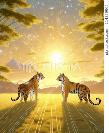 Savannah grassland and tiger in the sunset 114229965
