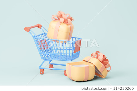 Shopping cart with gift boxes, 3d rendering. Shopping cart with gift boxes, 3d rendering. 114230260