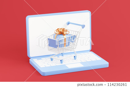 Shopping cart with gift boxes, 3d rendering. 114230261