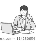 Simple monochrome illustration of a man working on a computer and on the phone. Vector material without background, white background, 114230654
