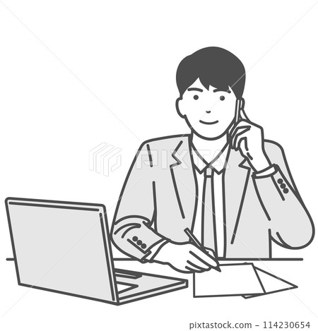 Simple monochrome illustration of a man working on a computer and on the phone. Vector material without background, white background, Simple monochrome illustration of a man working on a computer and on the phone. Vector material without background, white background, 114230654