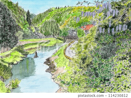 A mountain village in early summer with wisteria flowers blooming A mountain village in early summer with wisteria flowers blooming 114230812