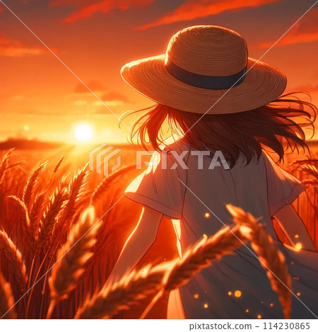 Wheat field in the sunset and a girl in a straw hat 114230865
