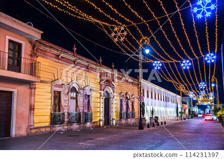 Downtown Aguascalientes, Mexico with Christmas decorations at night 114231397