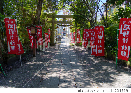 Yakumo Shrine, the oldest shrine in Kamakura dedicated to warding off evil spirits, is lined with warding off evil spirits. Yakumo Shrine, the oldest shrine in Kamakura dedicated to warding off evil spirits, is lined with warding off evil spirits. 114231769