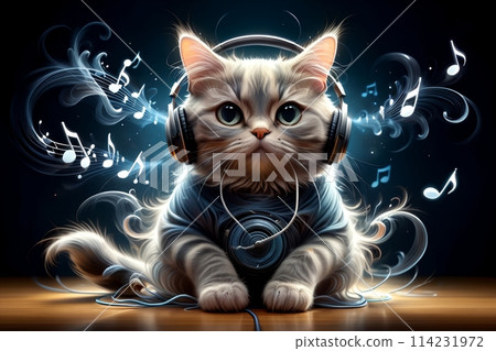 cute cat wearing headphones listening to music 114231972