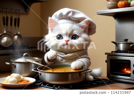 cat cook cooks soup in the kitchen 114231997
