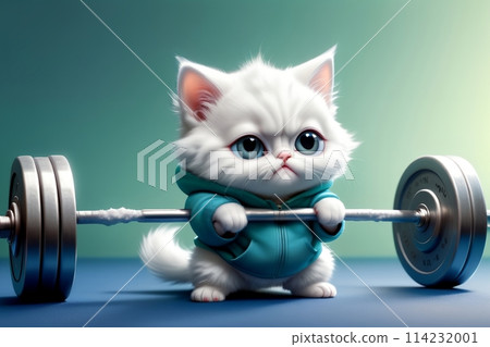 cute kitten goes in for sports, lifts a heavy barbell 114232001
