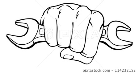 Fist Hand Holding Spanner Wrench Cartoon Concept 114232152