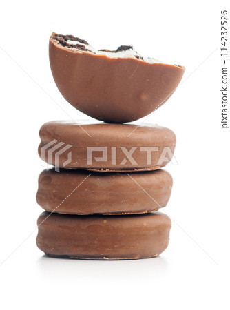 A Close-Up View of Chocolate Covered Biscuits on isolated  White Background 114232526