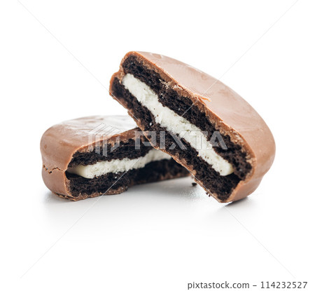 A Close-Up View of Chocolate Covered Biscuits on isolated  White Background 114232527