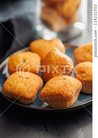 Magdalenas the typical spanish plain muffins on plate on black table. 114232703