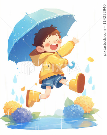 雨天孩子快樂玩耍的卡通插畫 雨天孩子快樂玩耍的卡通插畫 114232940