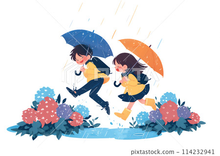 雨天孩子快樂玩耍的卡通插畫 114232941