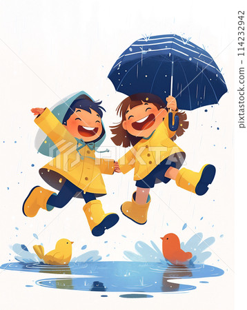 雨天孩子快樂玩耍的卡通插畫 114232942