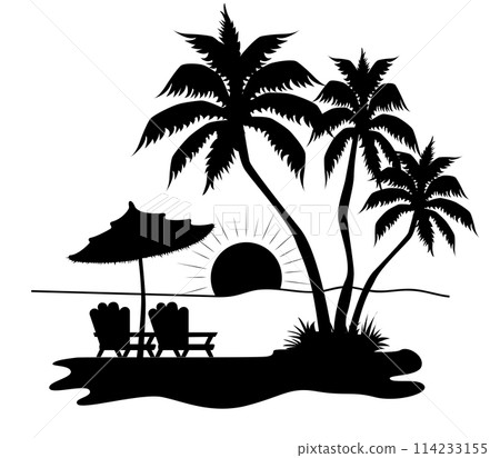 Palm trees with two lounge chairs and an umbrella with setting sun Illustrator 114233155