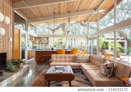 Large living room mid-century with light brown sofa wooden and concrete walls. 114233172