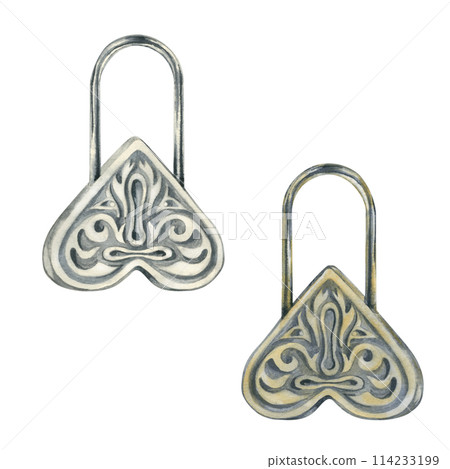 Silver and gold heart-shaped locks from an antique writing set. Watercolor illustration for design template for wedding, Valentine's Day, Historical Knowledge Day, antique store, scrapbooking Silver and gold heart-shaped locks from an antique writing set. Watercolor illustration for design template for wedding, Valentine's Day, Historical Knowledge Day, antique store, scrapbooking 114233199