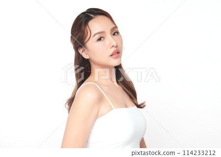 Beautiful young asian woman with clean fresh skin on white background, Face care, Facial treatment, Cosmetology, beauty and spa, Asian women portrait. Beautiful young asian woman with clean fresh skin on white background, Face care, Facial treatment, Cosmetology, beauty and spa, Asian women portrait. 114233212