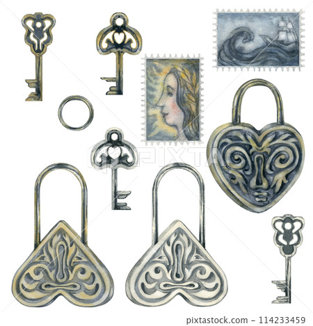 Silver and gold heart-shaped locks, keys and old stamps. Watercolor illustration for design template for wedding, Valentine's Day, Historical Knowledge Day, antique store, scrapbooking 114233459