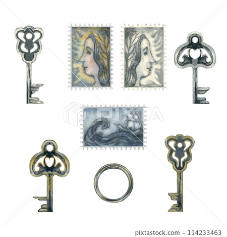 Silver and gold keys and old stamps from an antique writing set. Watercolor illustration for design template for wedding, Valentine's Day, Historical Knowledge Day, antique store, scrapbooking Silver and gold keys and old stamps from an antique writing set. Watercolor illustration for design template for wedding, Valentine's Day, Historical Knowledge Day, antique store, scrapbooking 114233463