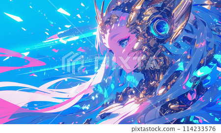 A woman with long hair and a gold headpiece. The woman is wearing a blue outfit. The background is blue and has a lot of white and pink colors A woman with long hair and a gold headpiece. The woman is wearing a blue outfit. The background is blue and has a lot of white and pink colors 114233576