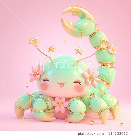 zodiac sign Scorpio with gold accents and stars on its body. The scorpion is smiling and he is happy zodiac sign Scorpio with gold accents and stars on its body. The scorpion is smiling and he is happy 114233612