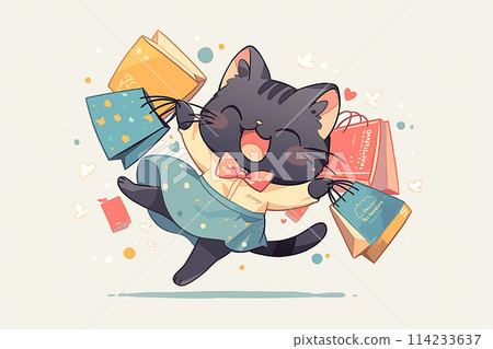 A cartoon cat is holding shopping bags and is smiling. The image has a playful and lighthearted mood 114233637