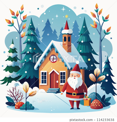 A cartoonish drawing of a house with a Christmas tree in front of it. A man dressed as Santa Claus stands in front of the house 114233638