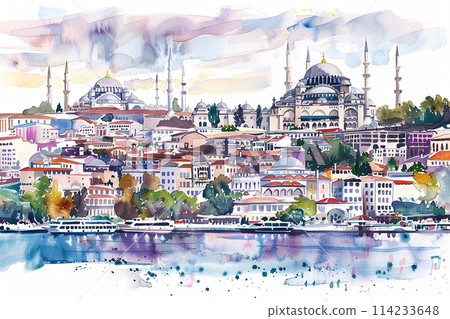 Istanbul A painting of a city with a large blue dome on top of a building. The painting is of a city with a river running through it. 114233648