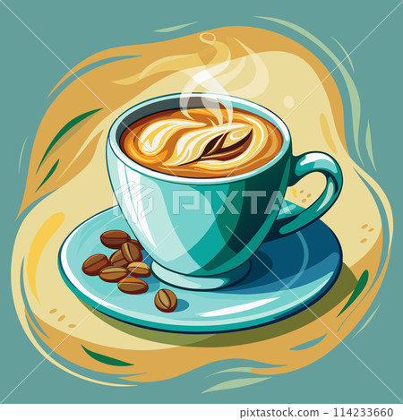 A cup of coffee with a flower design on the side sits on a blue plate 114233660
