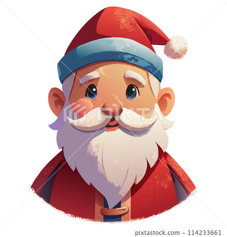 Christmas cartoonish santa standing in a red suit with a red hat and a white background. He is smiling and he is happy 114233661