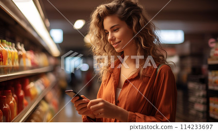 Young woman in grocery using in supermarket App shopping concept Ai Generated 114233697