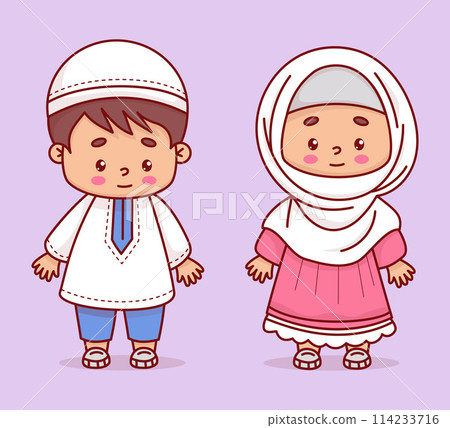 Cute Islamic children. Happy Muslim girl in hijab and boy in traditional clothes. Isolated cartoon ethnic child character. Vector illustration. Cute Islamic children. Happy Muslim girl in hijab and boy in traditional clothes. Isolated cartoon ethnic child character. Vector illustration. 114233716