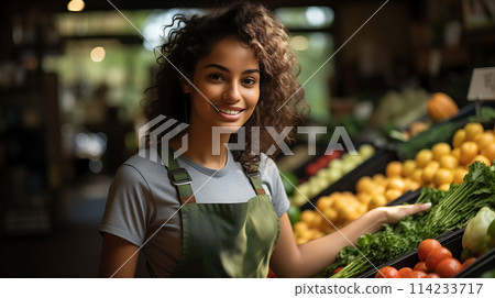 upbeat African American Woman Working in Vegetable Shop Food Shopping People Lifestyle AI Generated upbeat African American Woman Working in Vegetable Shop Food Shopping People Lifestyle AI Generated 114233717