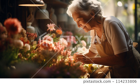 Old woman doing to take care Flowers in the Flower Shop Happy Old Woman with Flowers AI generated 114233806