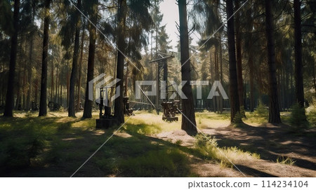 Oil rig in forest. Fir trees and oil pumps. Generative AI 114234104