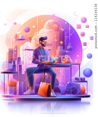 2D Illustration of a Man buying products online shopping concept White Background AI Generated 114234139