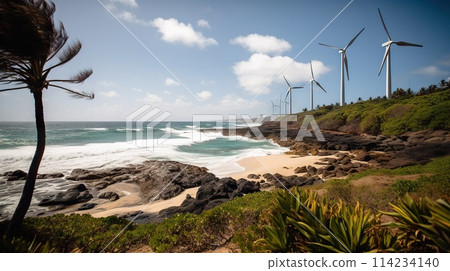 Windmill farm on the tropical ocean shore, windmills on a sunny day. Generative AI 114234140