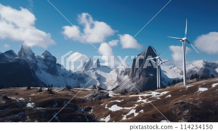 Power generating Windmills in Mountains. Green energy. Generative AI 114234150