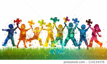 Vibrant illustration of children and adults with puzzle pieces, symbolizing autism unity and diversity Vibrant illustration of children and adults with puzzle pieces, symbolizing autism unity and diversity 114234378